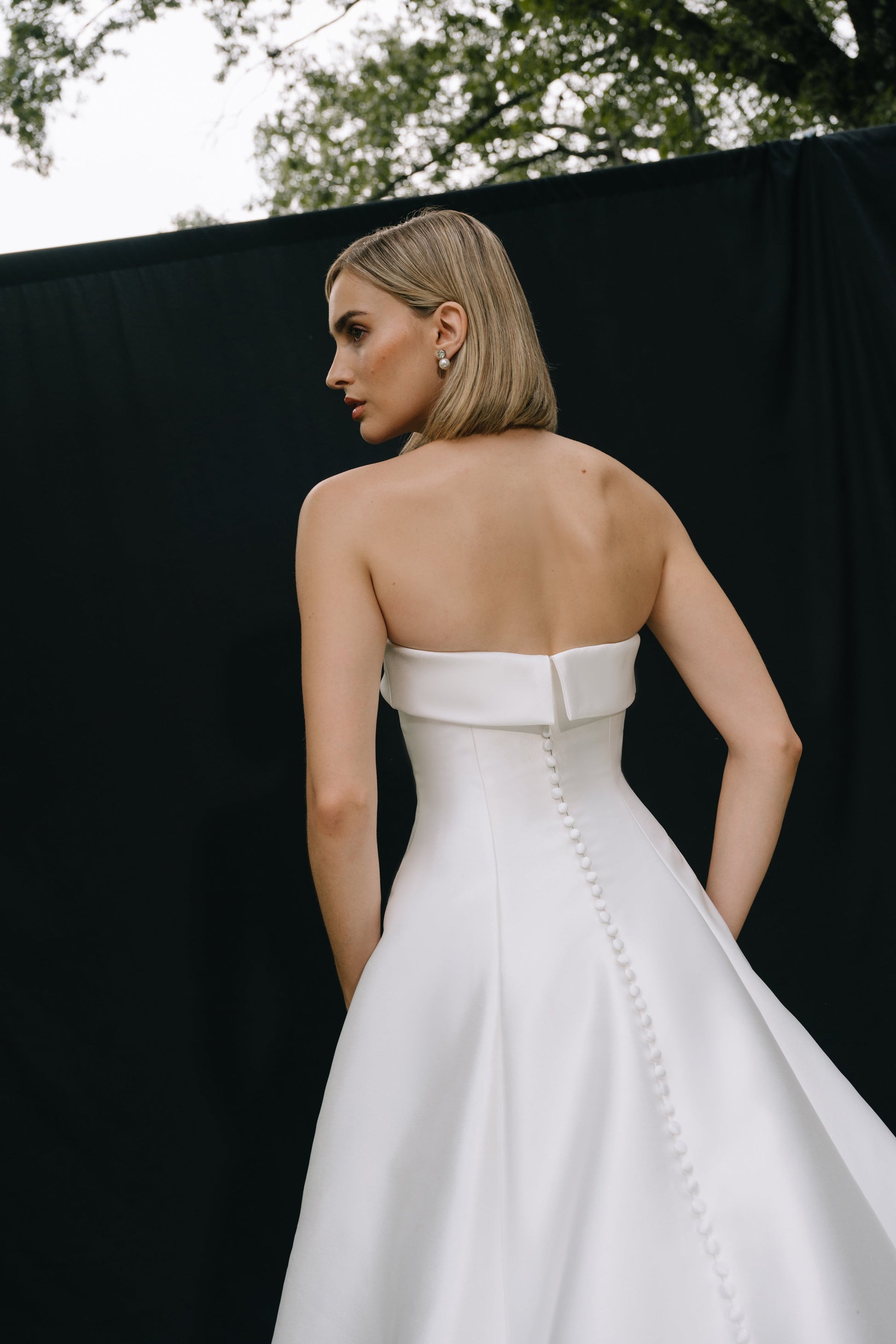 Minimalist Ballgown Strapless Sleeveless Button Back Cathedral Train Wedding Dress