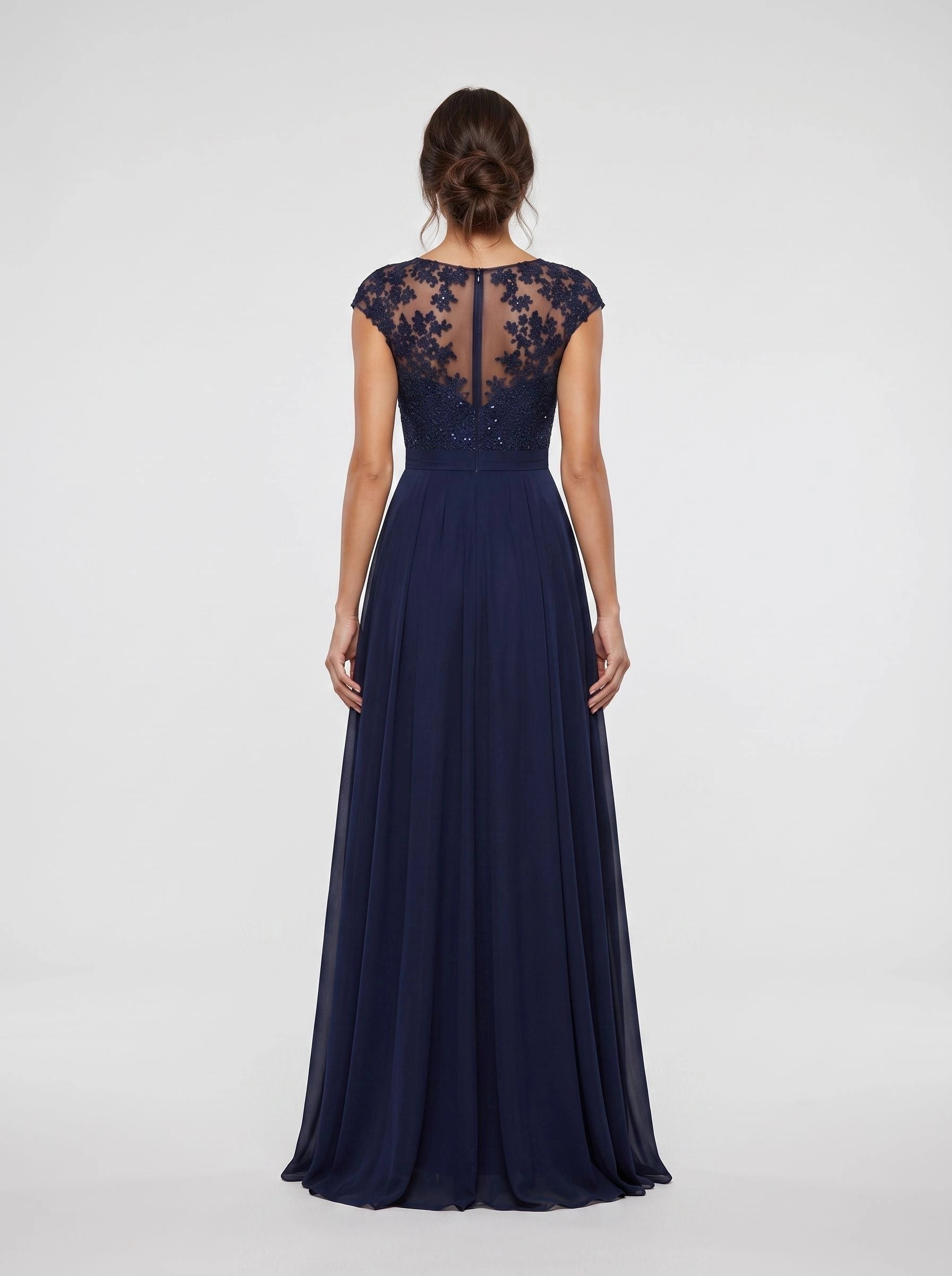 Illusion lace back navy chiffon a‑line long mother of the bride evening dress