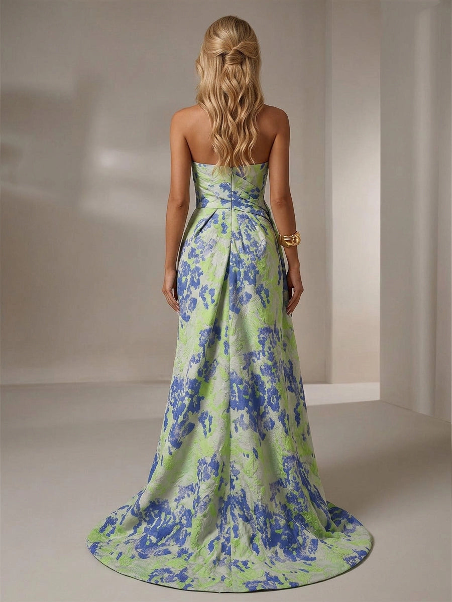 Vedress blue green floral strapless mermaid prom dress with zipper back and long sweep train
