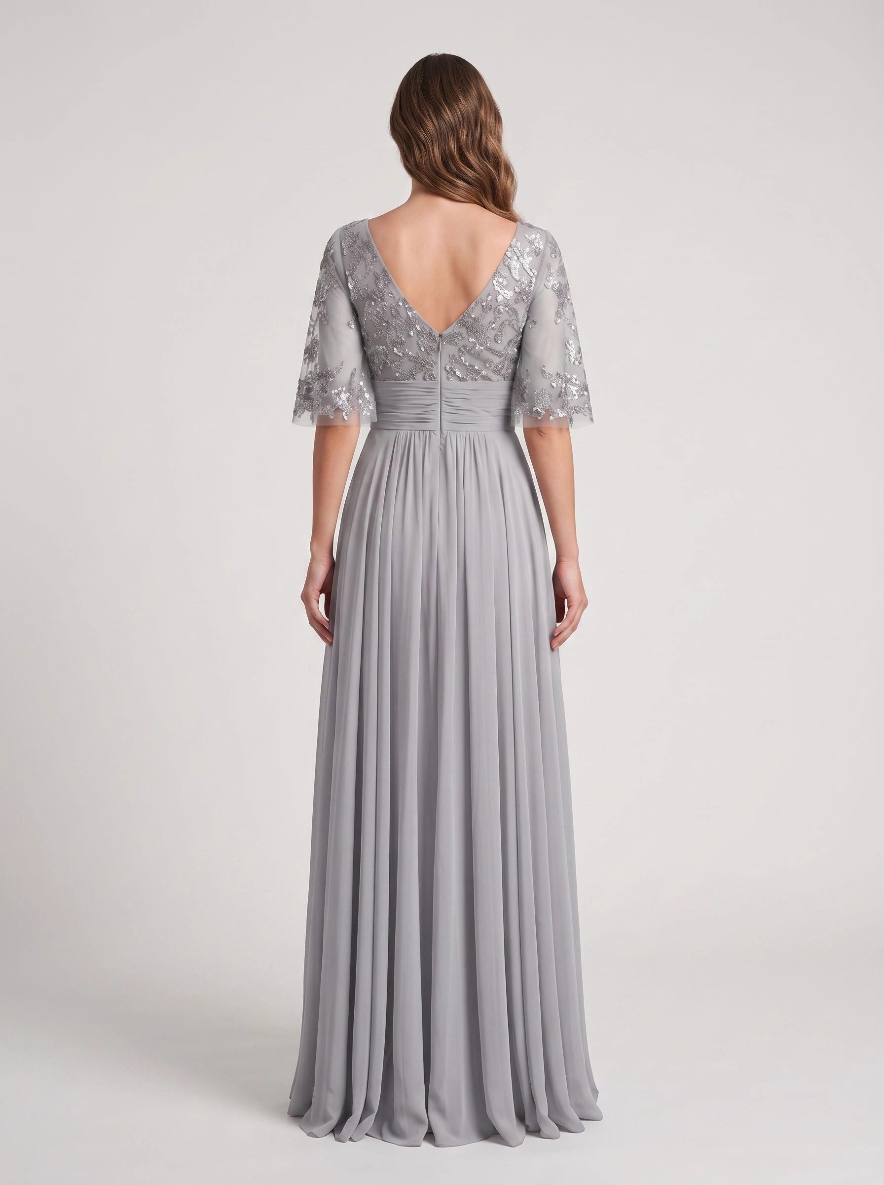 V‑back silver grey sequin embroidered chiffon long mother of the bride evening dress