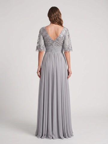 V‑back silver grey sequin embroidered chiffon long mother of the bride evening dress