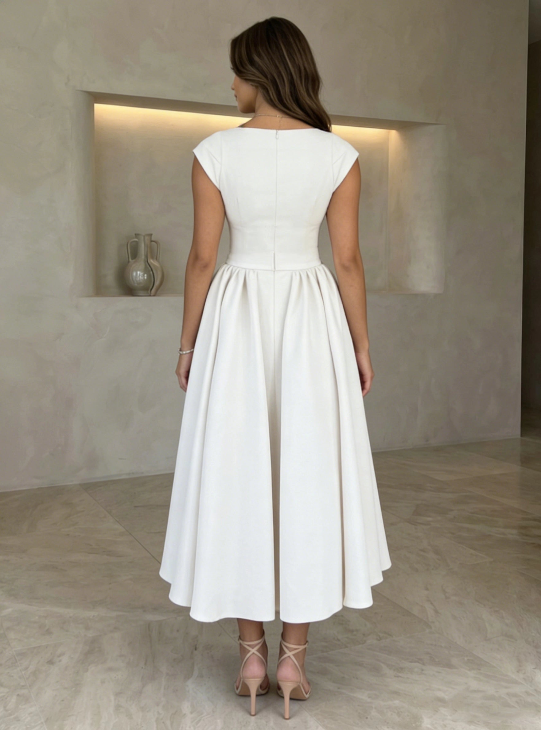 Back view Vedress minimalist formal midi dress,center invisible zipper,high waist gathered skirt