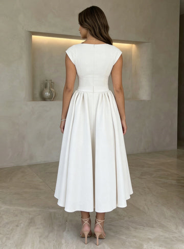 Back view Vedress minimalist formal midi dress,center invisible zipper,high waist gathered skirt