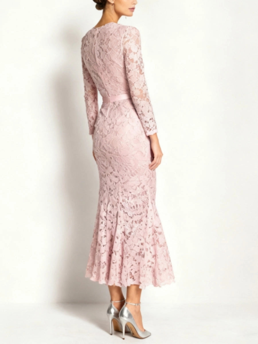 Back view Vedress lace formal midi gown,solid covered back,invisible zipper,flared mermaid hem
