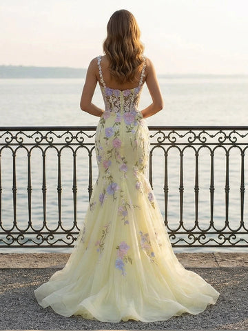 Vedress pale yellow tulle prom gown,thin floral spaghetti straps,sweetheart neckline,3D flower appliques,sheer lace back,high slit mermaid long formal dress