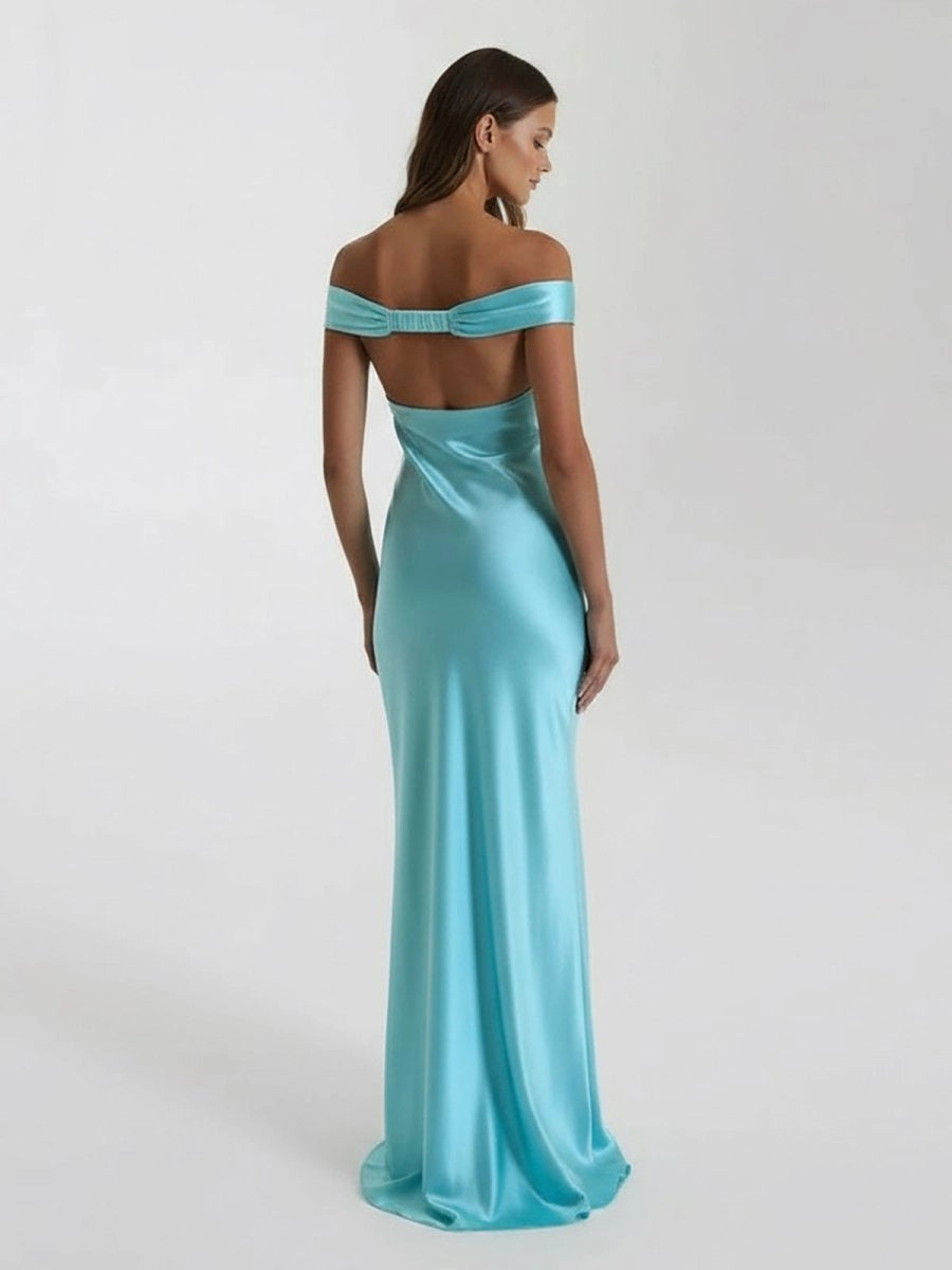 Elegant Cyan Mermaid Off‑Shoulder Sleeveless Bow‑Back Floor‑Length Prom Dress