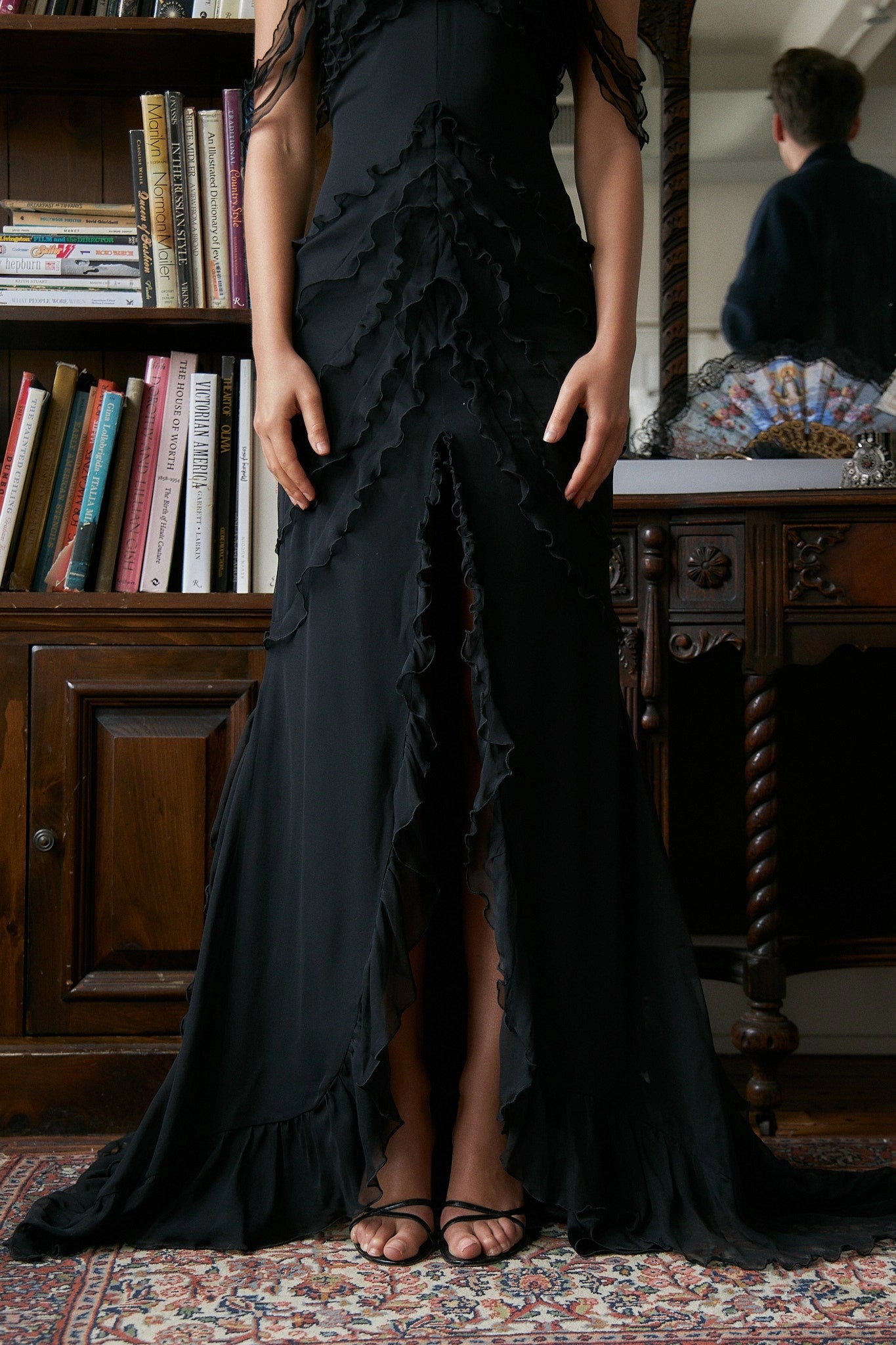 Black Chiffon Mermaid Strapless Ruffled Multi‑Strap Open‑Back Slit Floor‑Length Prom Dress 