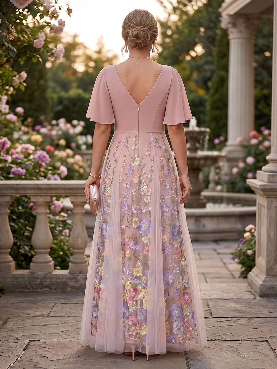 Vedress blush a line v neck floral embroidery mother of the bride dress front and back view