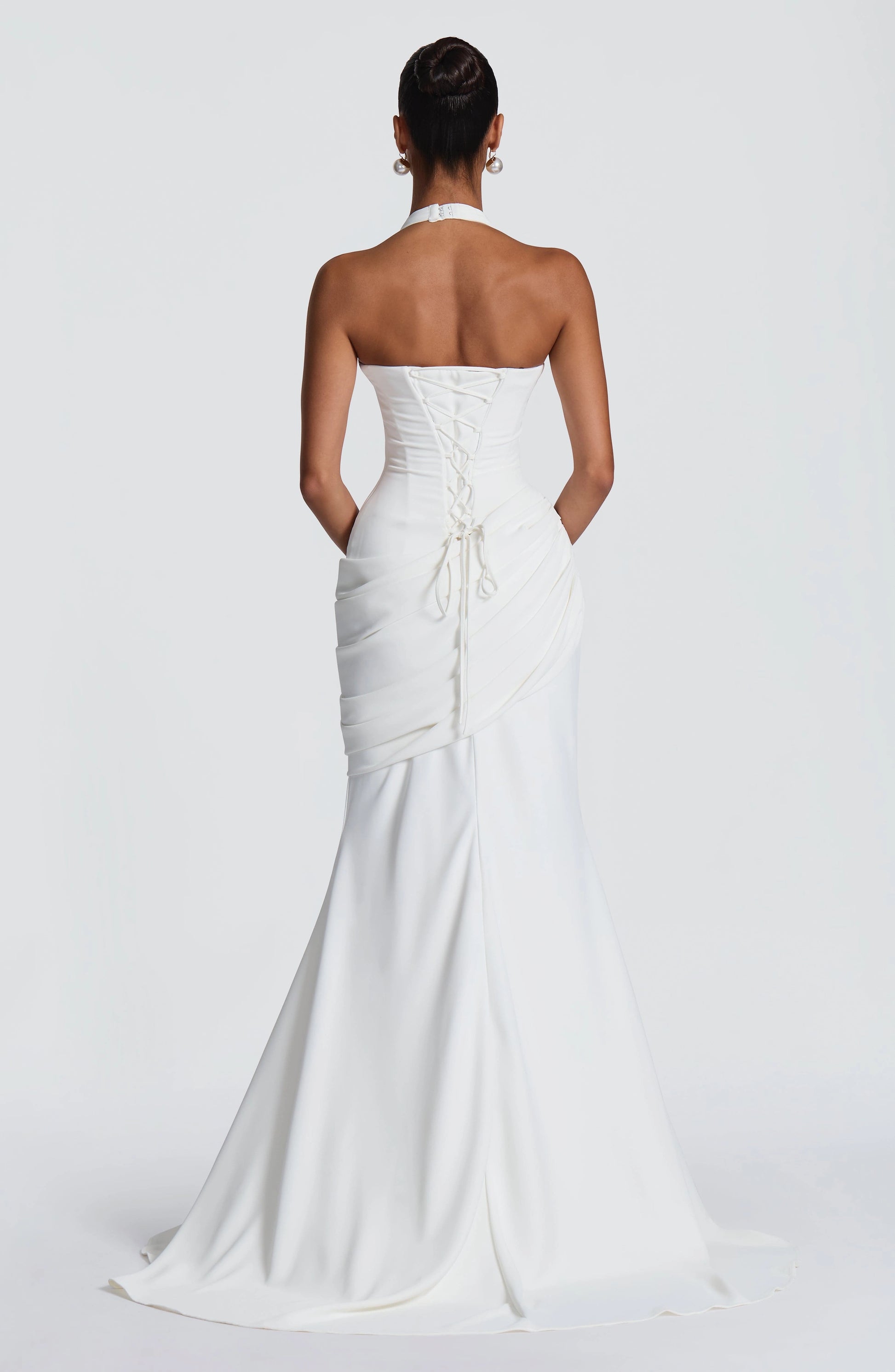 Fitted Mermaid Halter Sleeveless Lace Up Back Floor Length Wedding Dress