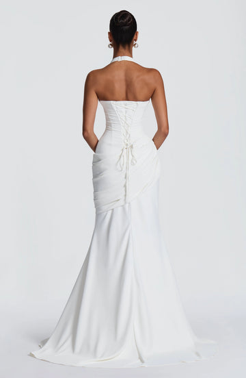 Fitted Mermaid Halter Sleeveless Lace Up Back Floor Length Wedding Dress