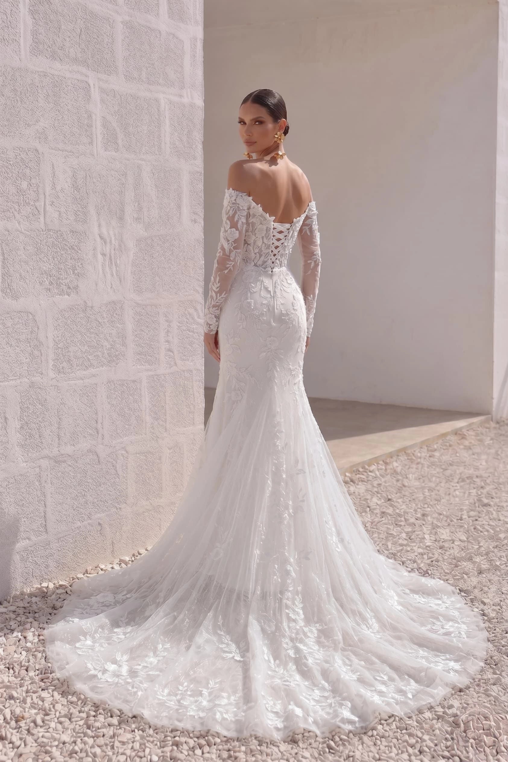 Romantic Mermaid Off Shoulder Long Sleeve Lace Up Train Destination Wedding Dress