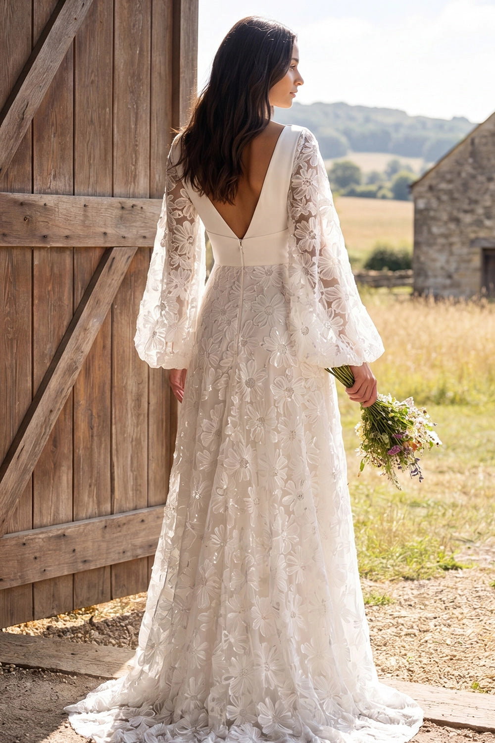 Vedress deep v back floral lace bridal gown puff sleeve train back view barn wedding