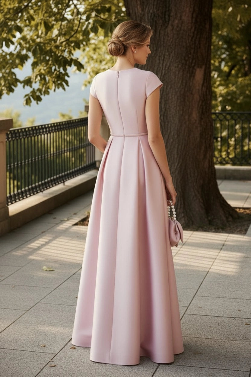 Elegant A-Line Crew Neck Cap Sleeve Floor Length Wedding Guest Dress