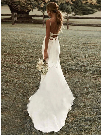 Satin Midi-Mermaid Cowl Spaghetti Strap Cutout Tie Back Train Wedding Gown