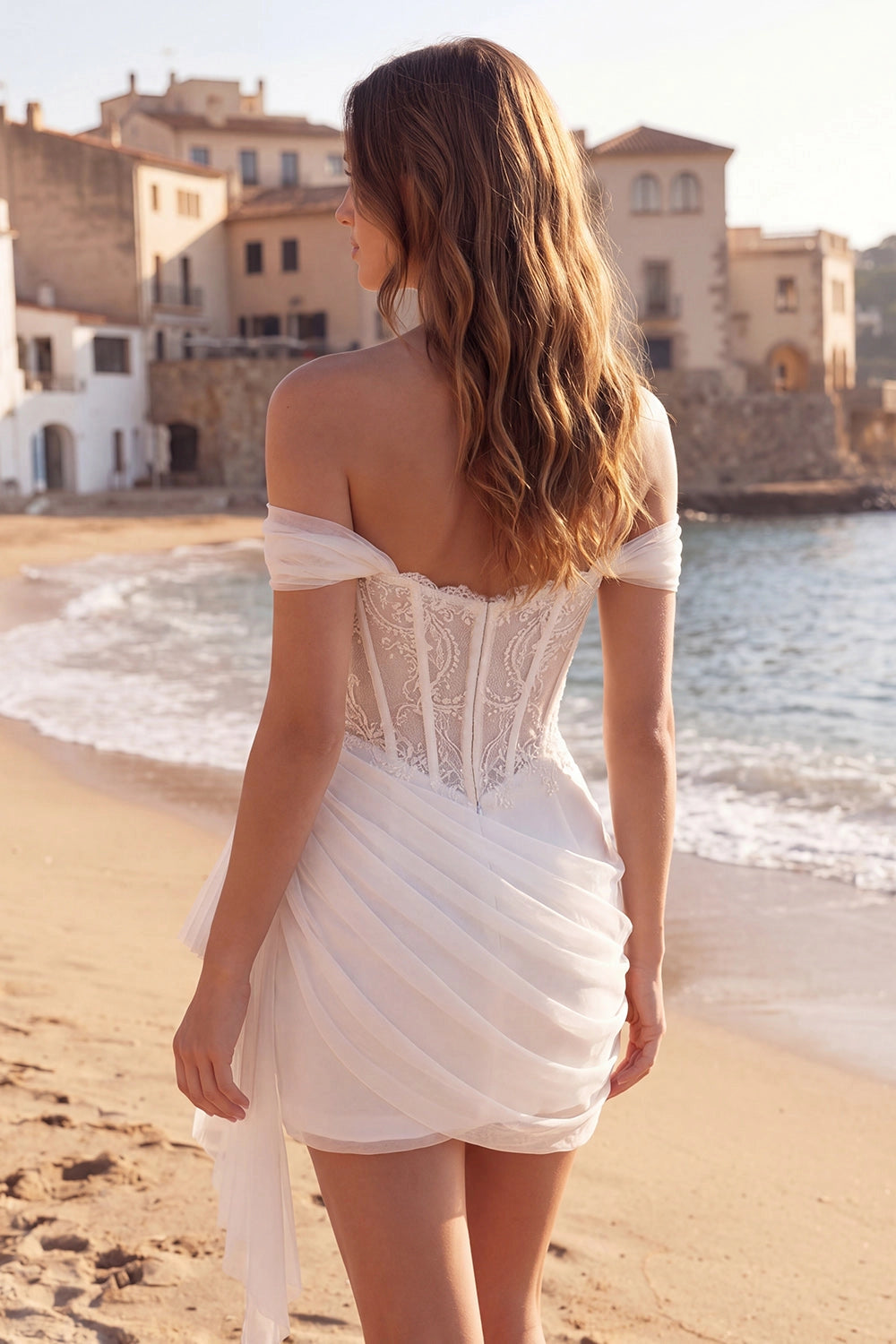 Flirty Mini Off Shoulder Sweetheart Corset Zip Back Tulle Elopement Wedding Dress