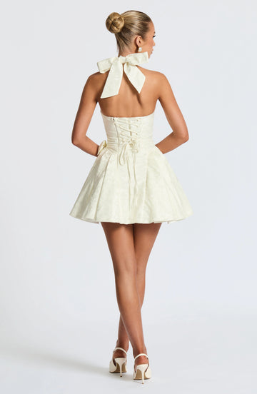 Vedress white jacquard halter lace up corset back bow mini homecoming dress back view