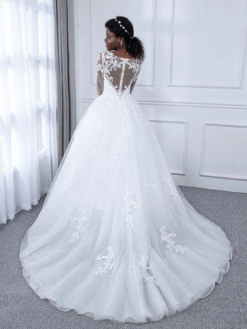 Classic A Line Illusion Round Long Sleeve V Back Chapel Train Wedding Dress