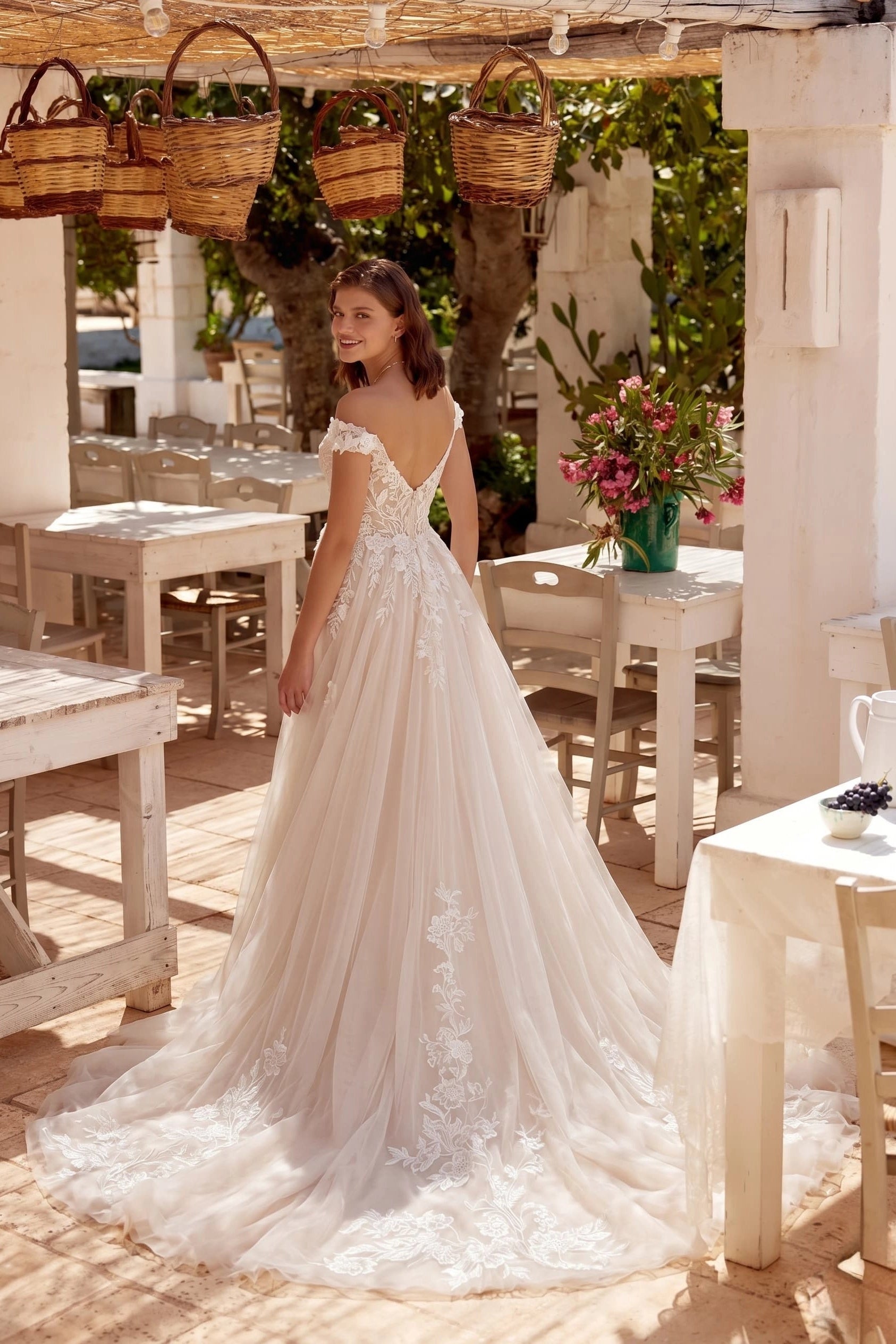 Romantic A-Line Off Shoulder Zip Back Lace Wedding Dress With Train