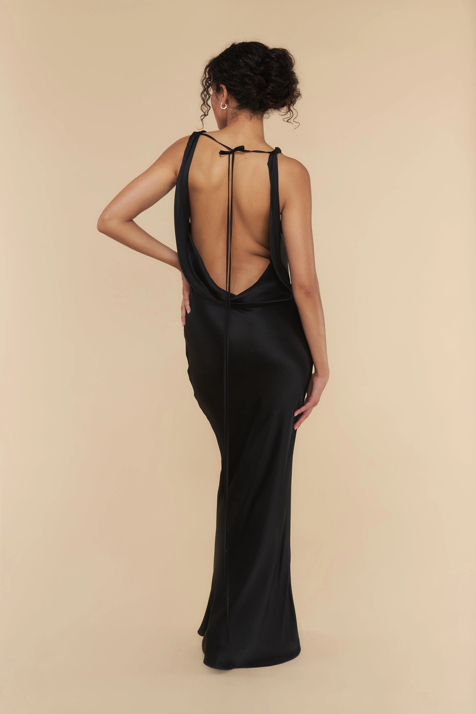 Side‑back view Vedress draped low open‑back satin long evening prom gown