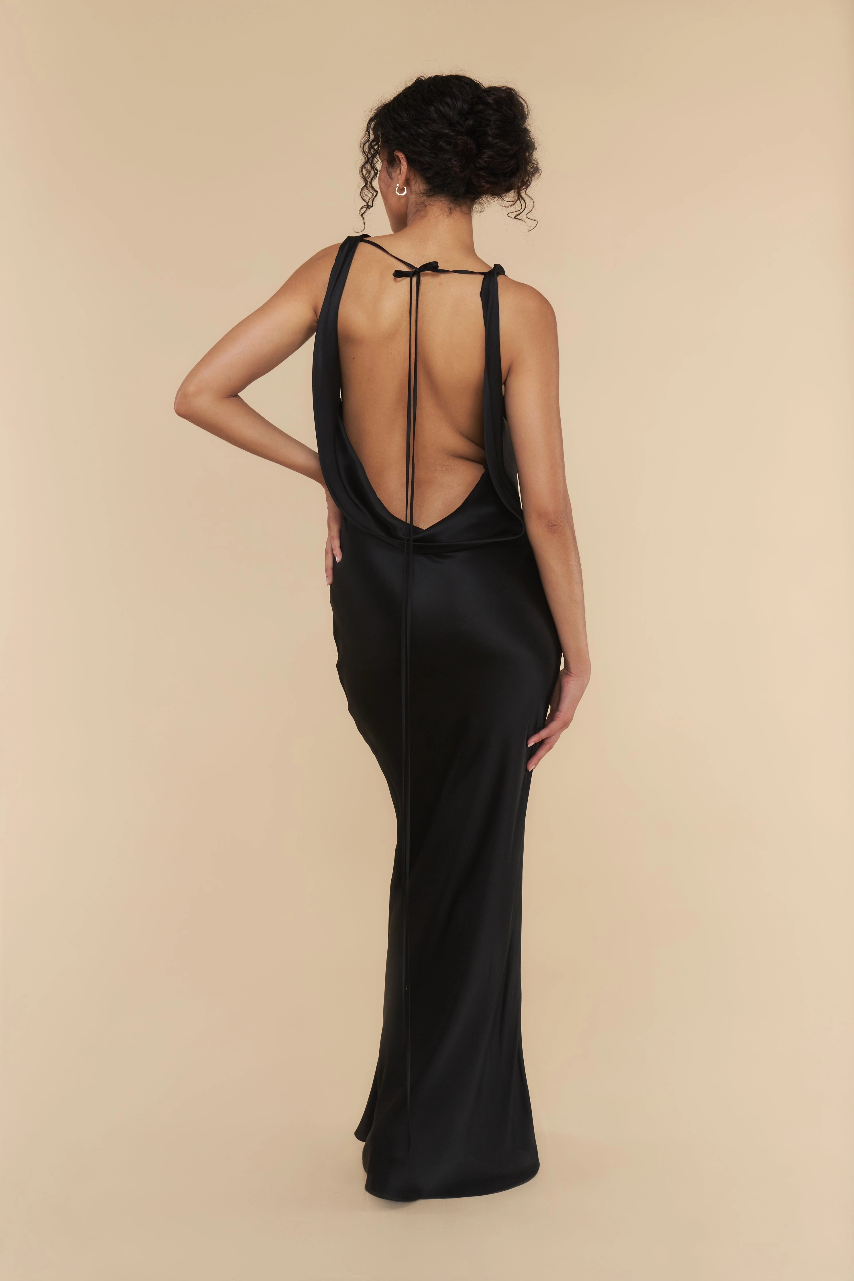 Side‑back view Vedress draped low open‑back satin long evening prom gown