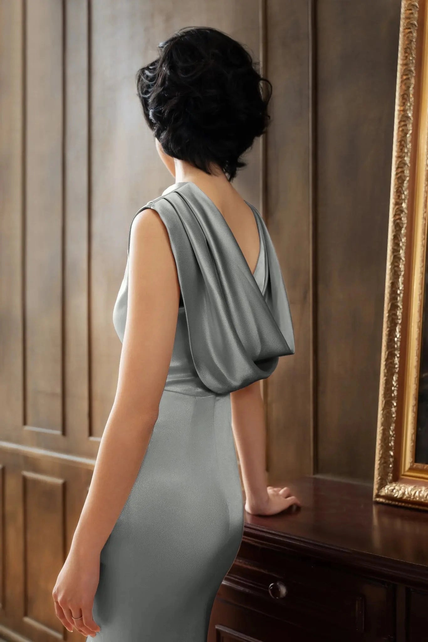 Satin Mermaid Fold‑Over Neck Sleeveless Draped‑Back Maxi Prom Dress