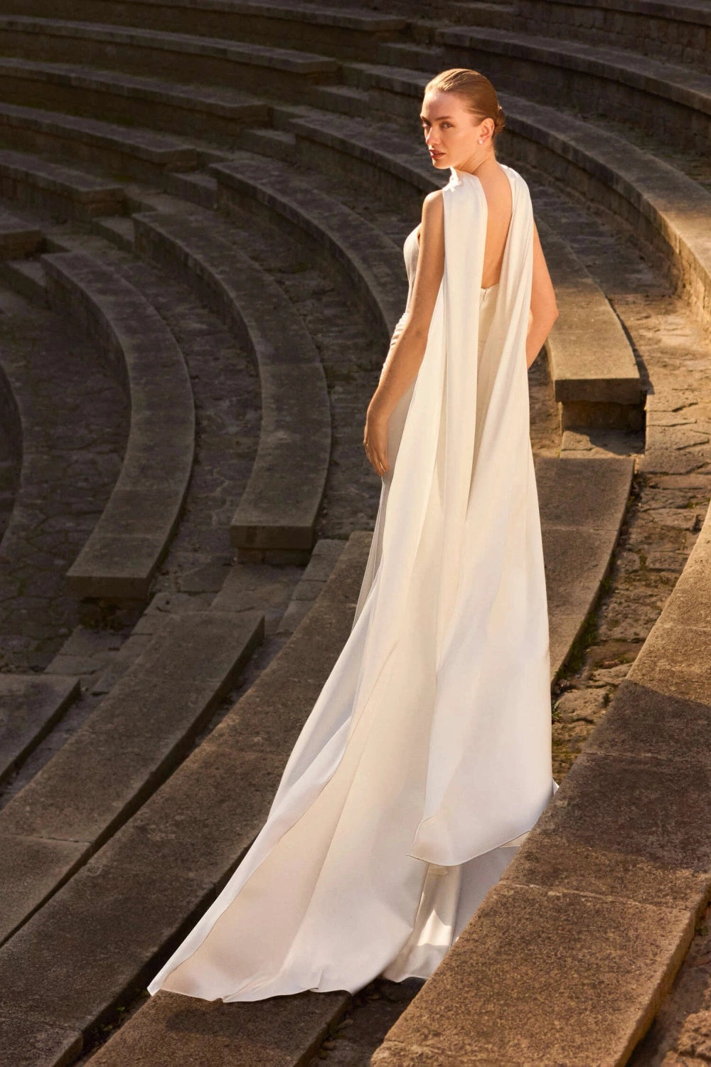 Ivory satin wedding dress Elegant Mermaid Strapless Cape Sleeve Open Back Sweep Train Wedding Dress