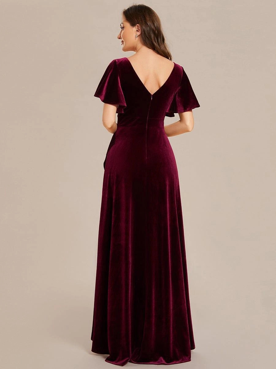 Navy‑Blue A‑Line V‑Neck Flutter‑Sleeve V‑Back High‑Low Mother Of The Bride Dress