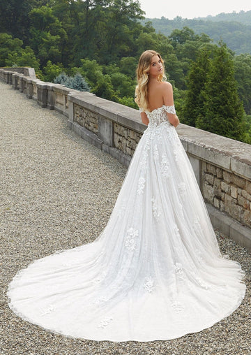 Romantic A-line Sweetheart Off Shoulder Open Back Chapel Train Bridal Wedding Dress