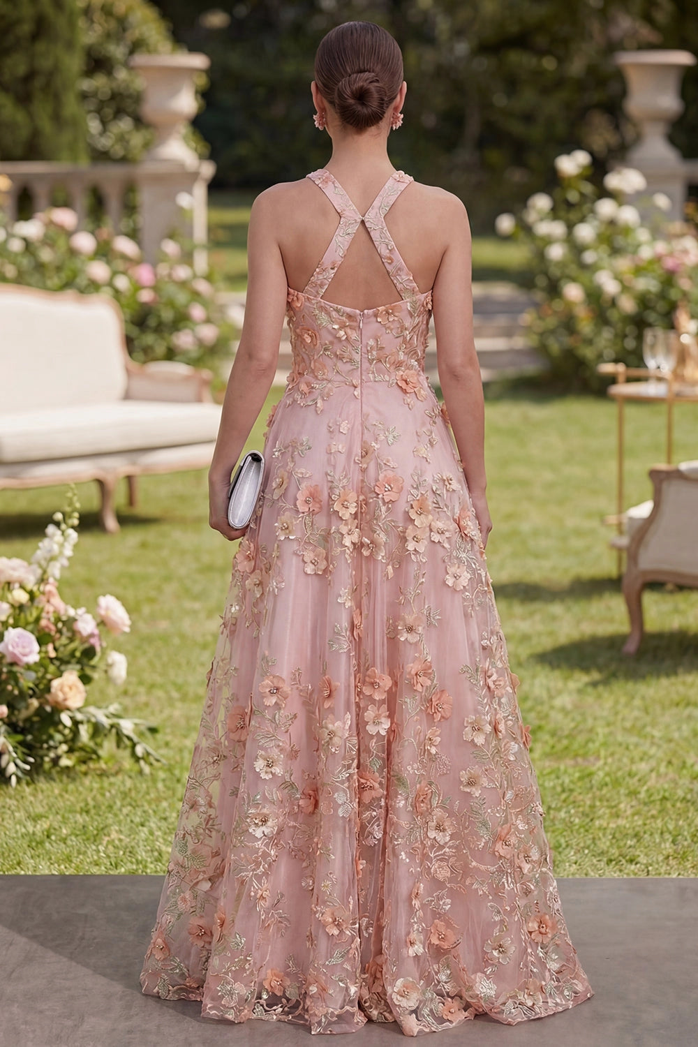 Vedress sleeveless tulle gown crisscross open back maxi formal dress rear view