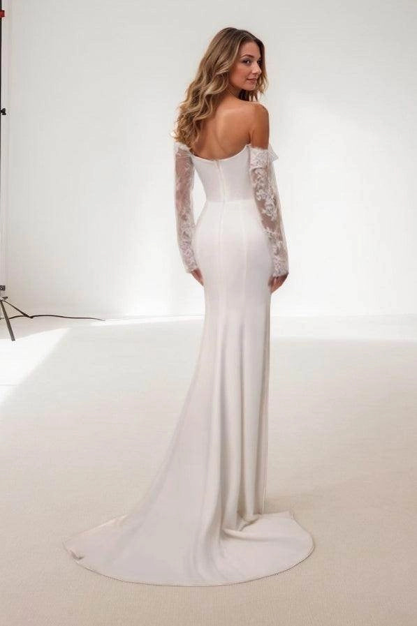 Minimalist Mermaid Off Shoulder Detachable Sleeve Zipper Back Train Wedding Dress