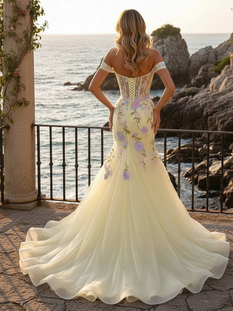 Vedress pale yellow off‑the‑shoulder mermaid prom gown,3D pastel flower appliques,sheer corset lace‑up back,front thigh slit flowy tulle long formal dress