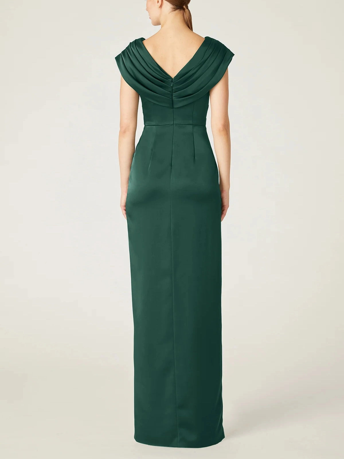Back view Vedress satin formal gown, ruched v pleated back, center invisible zipper, floor length skirt