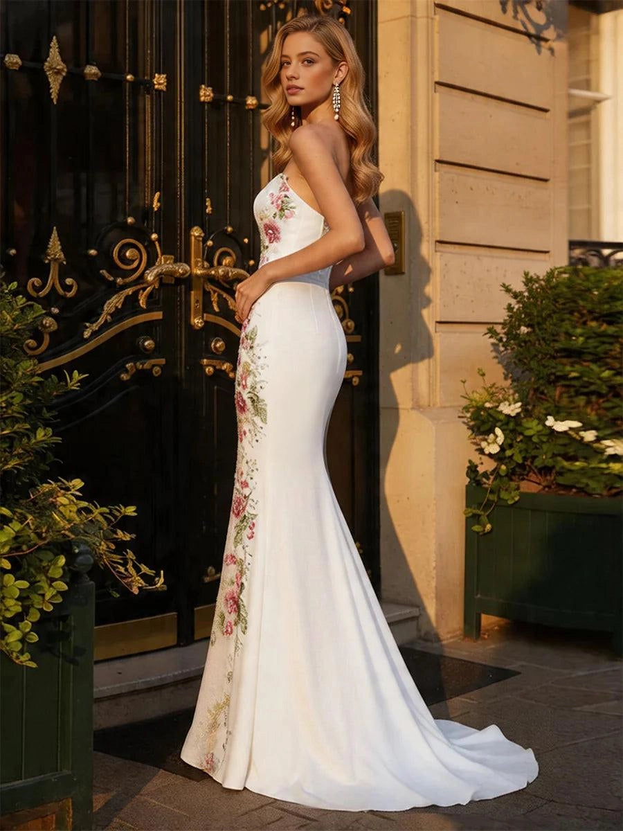 Hidden zipper‑back fitted floral embroidery strapless bridal gown