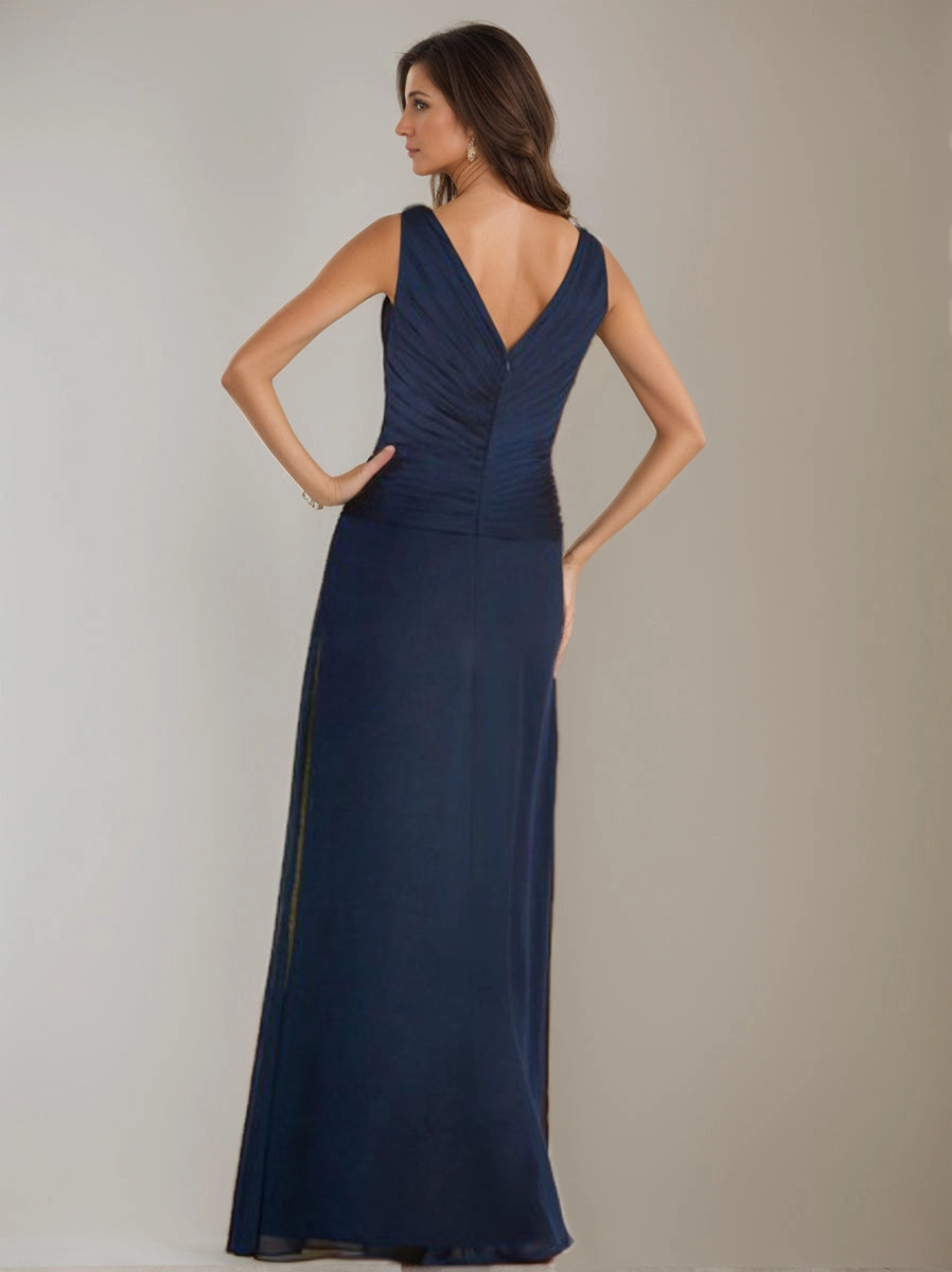 Back view Vedress sleeveless formal dress,ruched deep v‑back,invisible zipper,flowing floor skirt
