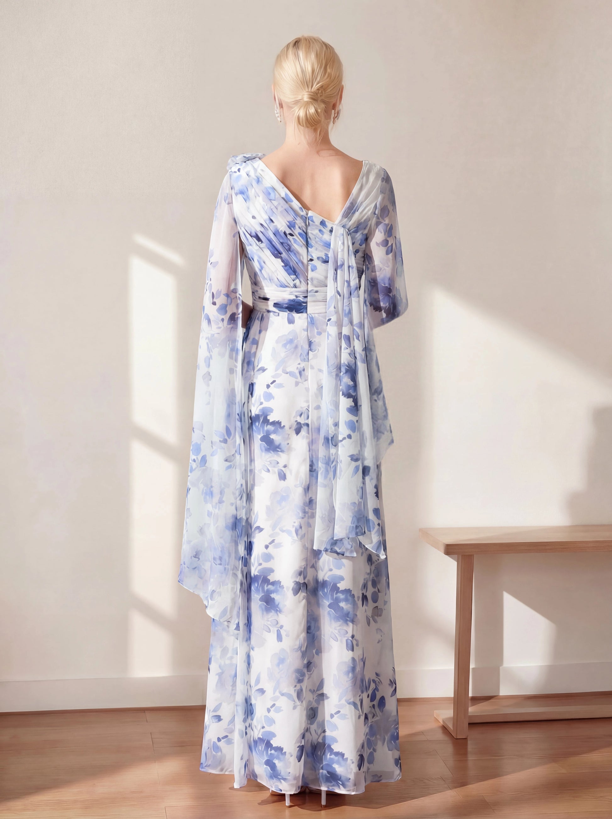 Back view Vedress printed formal gown,deep v‑back with fabric tie,hidden zipper,full‑length skirt