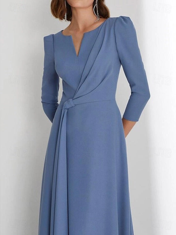 Modest A‑Line Notched‑V 3/4‑Sleeve Zip‑Back Floor‑Length Mother Of The Bride Dress