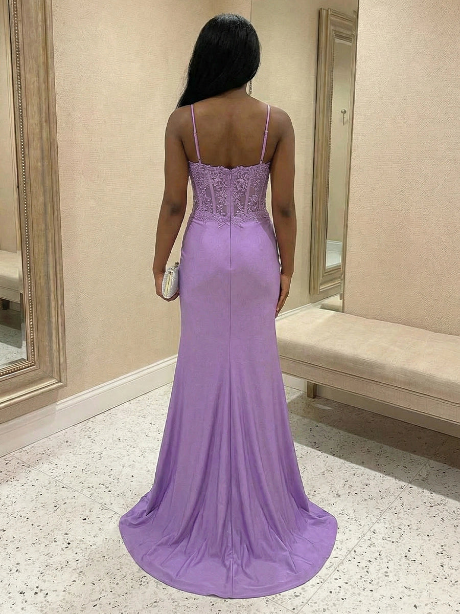 Lavender Mermaid Spaghetti‑Strap Sheer‑Back High‑Slit Long Wedding Guest Dress