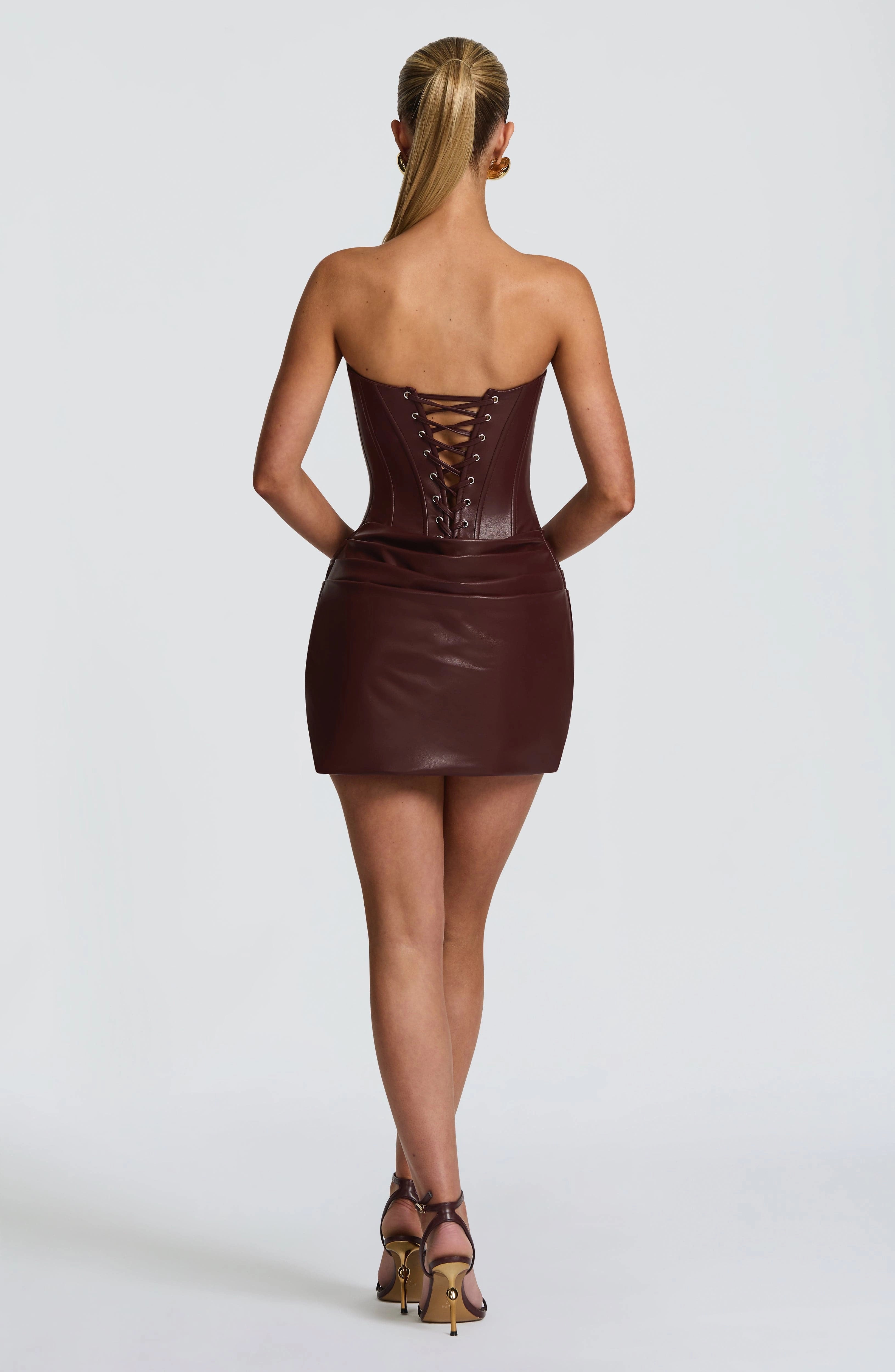 Vedress Burgundy Faux Leather Lace Up Corset Mini Dress Back View
