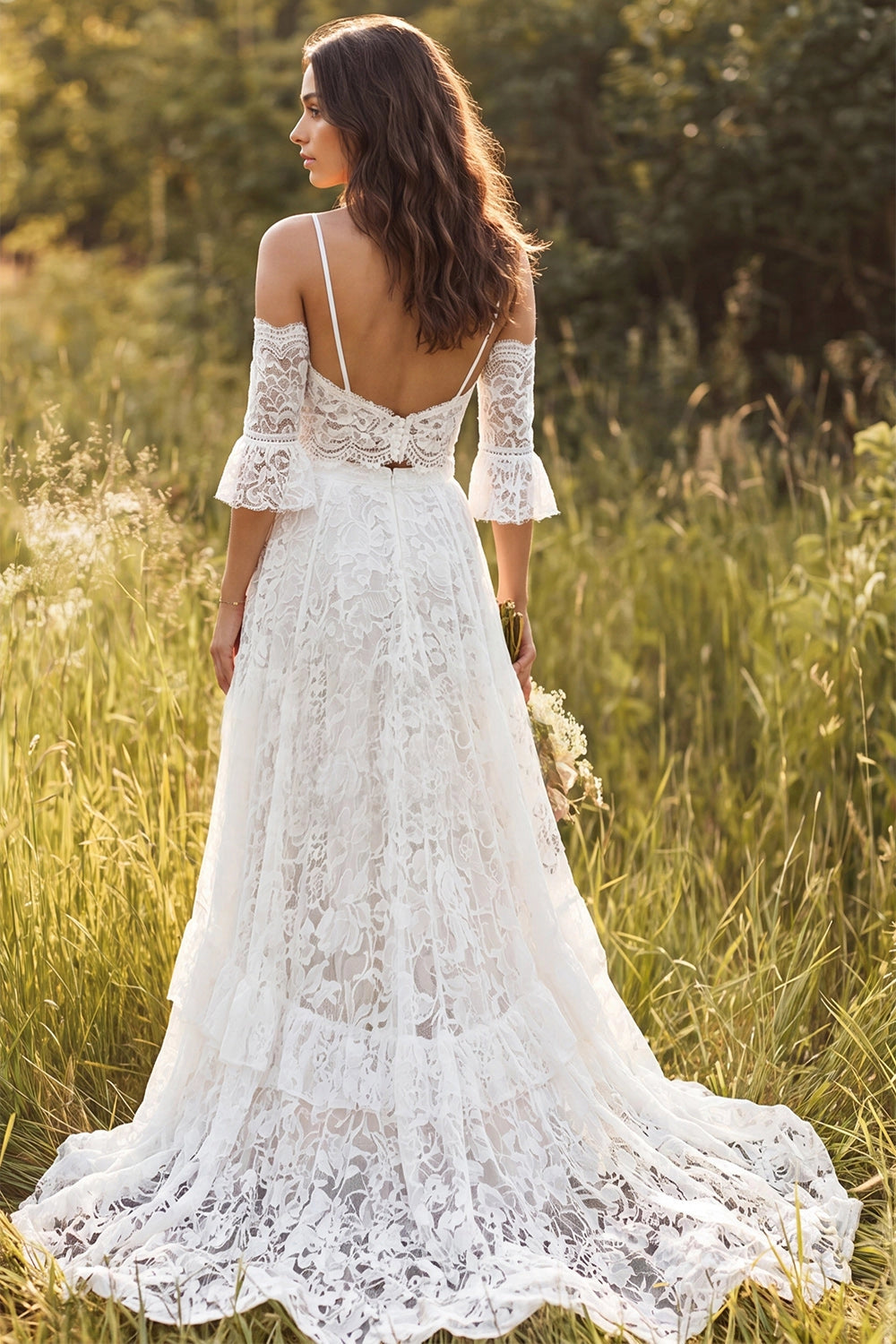 Vedress low back two piece lace bridal gown off shoulder flared sleeve train back view wild grass