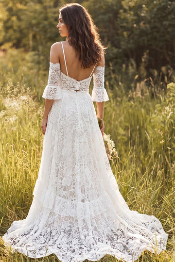 Vedress low back two piece lace bridal gown off shoulder flared sleeve train back view wild grass