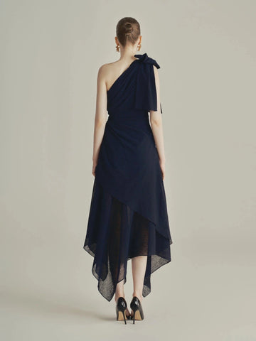 Back shot Vedress closed‑back one‑shoulder bow dark blue formal midi gown