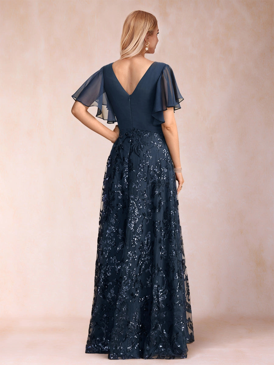  Back view navy formal evening dress,deep v‑back,hidden zipper closure vedress