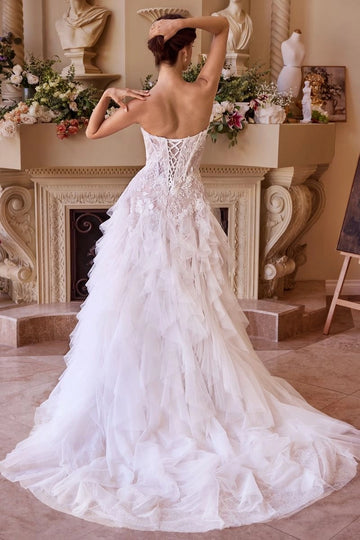Dreamy A-Line Strapless Sweetheart Corset Lace Up Ruffled Train Wedding Dress