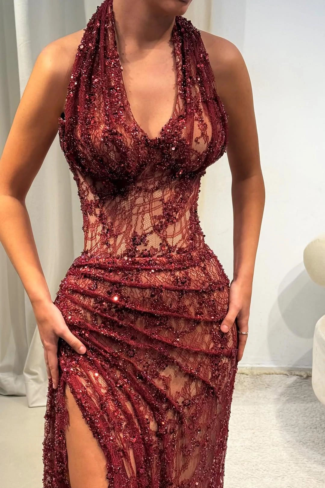 Vedress burgundy beaded lace halter neck high slit sheer mermaid long prom dress
