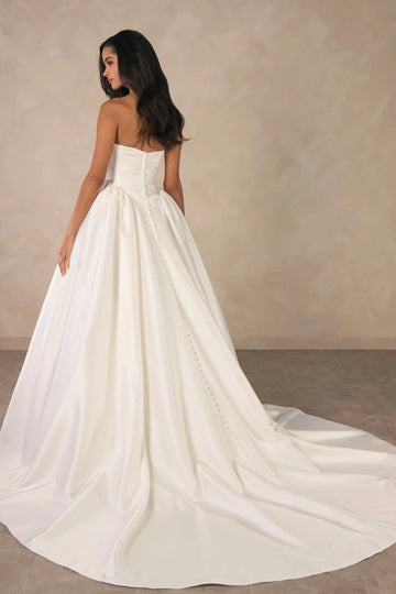 Ivory satin wedding dress Classic Ballgown Strapless Sleeveless Button Back Cathedral Train Wedding Dress
