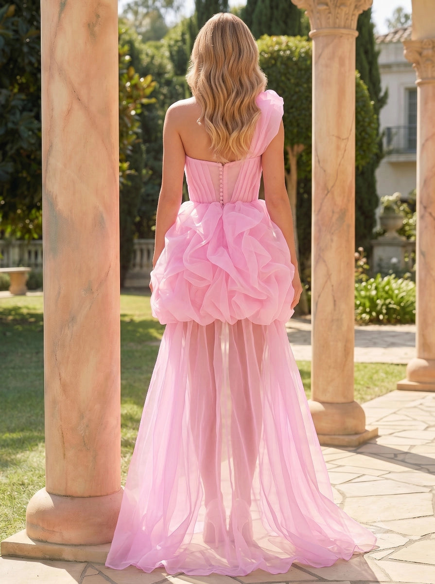 Button back pink organza ruffle high‑low train prom evening gown