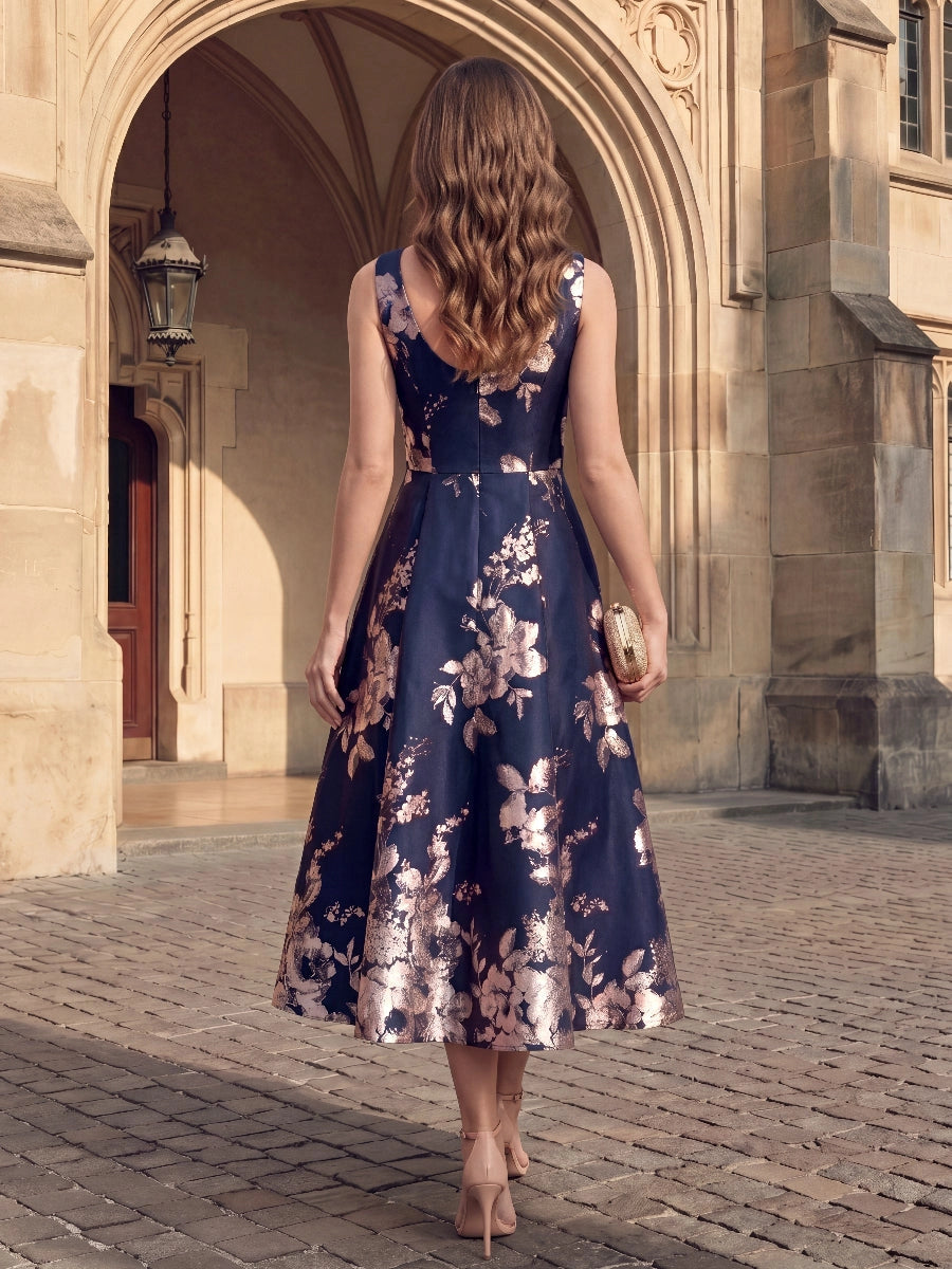 Vedress Floral Midi Dress Sleeveless V‑Neck Back Zipper Mother Of The Bride Gown Back View