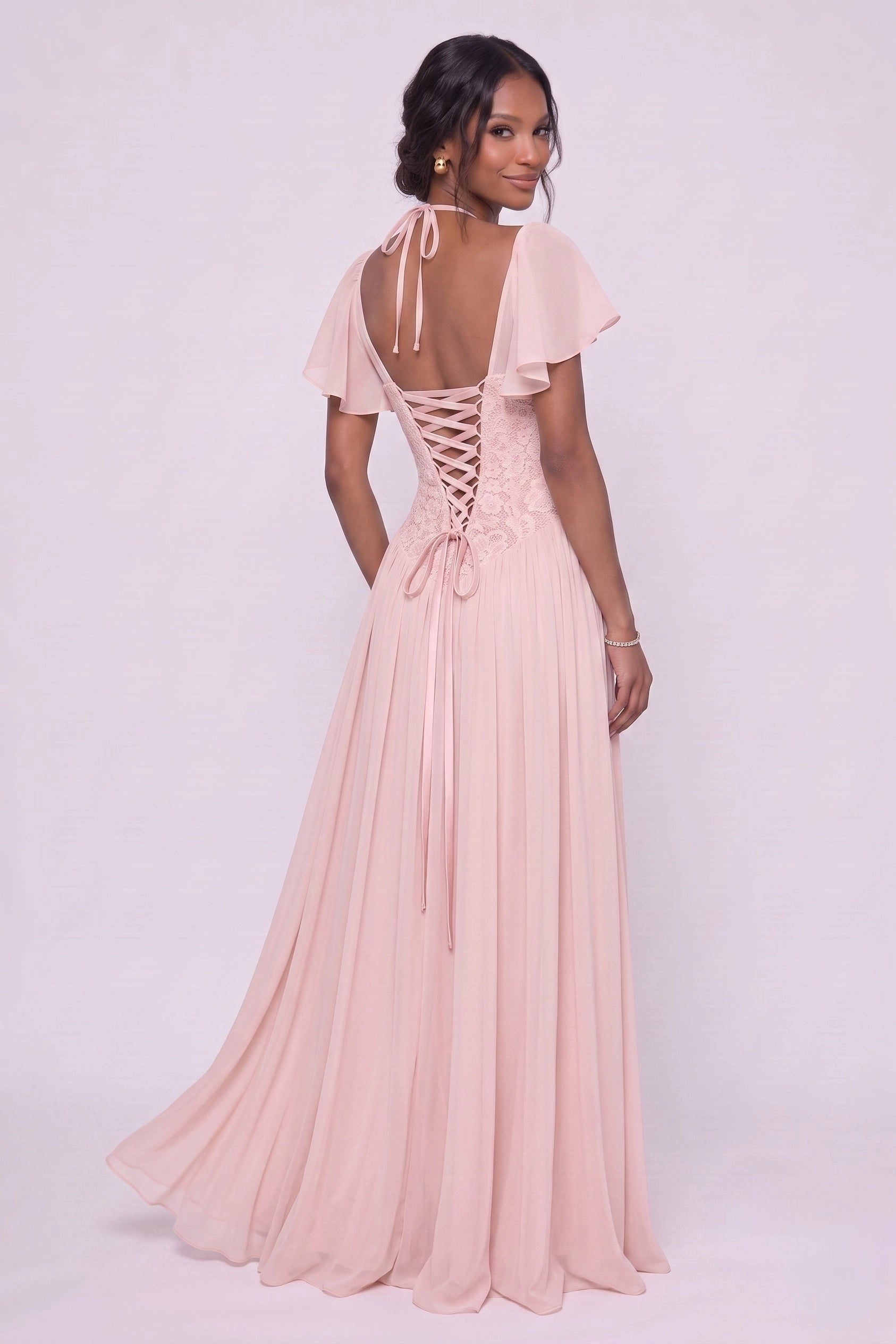 Romantic A-Line Sweetheart Flutter Sleeves Lace-Up Back Floor-Length Wedding Guest Dress