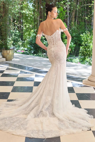 Glamorous 3D Floral Mermaid Strapless Sweetheart Detachable Sleeve Zip Back High Slit Wedding Dress