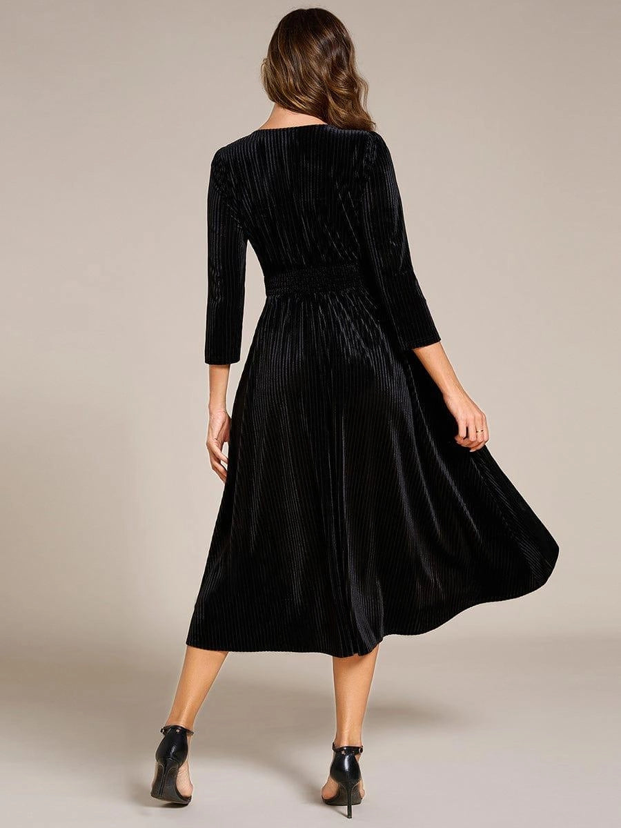Vedress smocked waist plain‑back black velvet formal midi gown